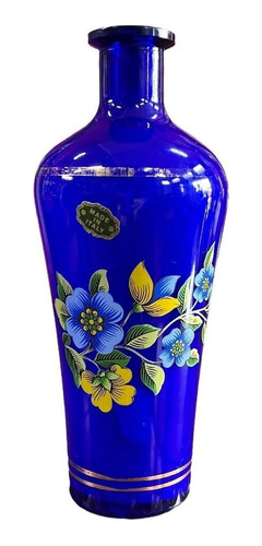 Vaso Italiano Vidro Azul Cobalto Filete De Ouro Com Florais