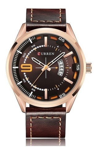 Relógio Masculino Curren Luxo Dourado Pulseira Couro Marrom
