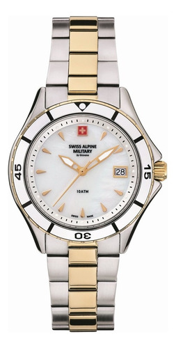 Reloj Swiss Alpine Military Nautilus Ladies 7740.1143sam Malla Plateado Y Dorado Bisel Plateado Fondo Blanco