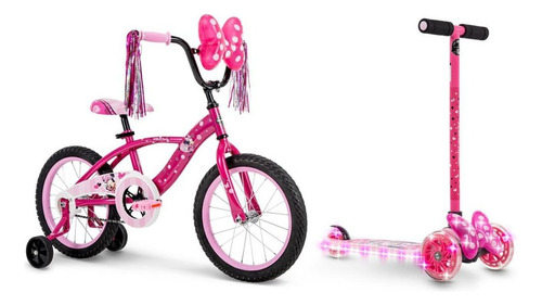 Bicicleta 16 + Scooter Plegable Luz Led Minnie Disney Huffy Color Rosa