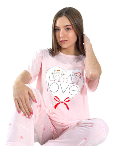 Pijama Mujer Polera Manga Corta Y Pantalón Diseño Love