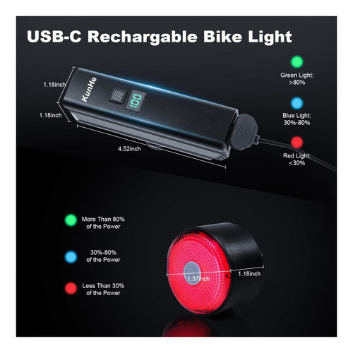 Bicicleta Usb-c Superbrillante Kunhe 1200 De Altos Lúmenes,