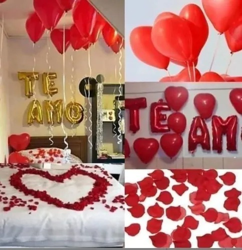 Set 12 Globos Corazón + 200 Pétalos + Te Amo, San Valentín