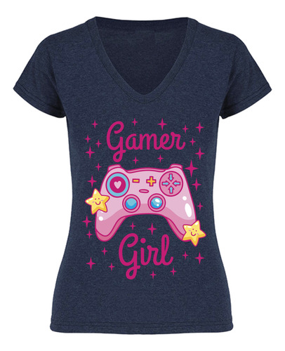 Playera Cuello V Gamer Girl - Video Juegos - Control Rosa