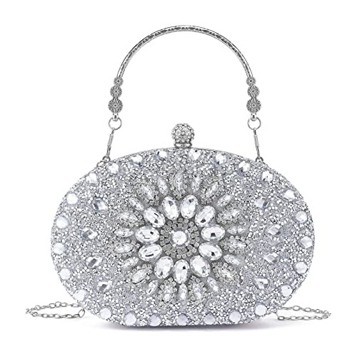 Cartera De Mano Clutch De Fiesta Cristales Oval Plateada