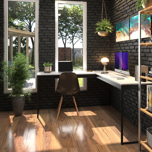 Mesa De Canto Em L Branco Com Ripas Preto Para Home Office/ Escritório Estrutura Em Ferro E Design Industrial