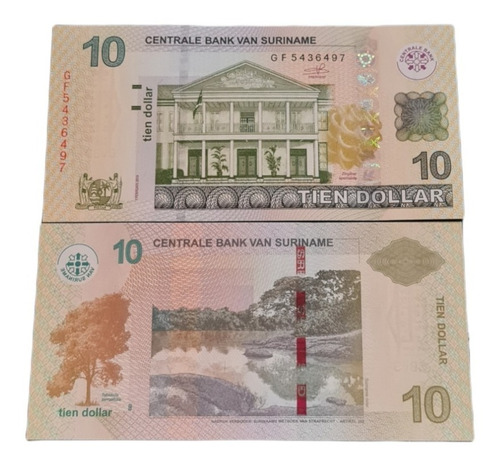 Billetes Mundiales : Suriname  10 Dolares Año 2012 