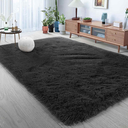 Rugvane Alfombra Area Mullida Suave Peluda Color Negro 5