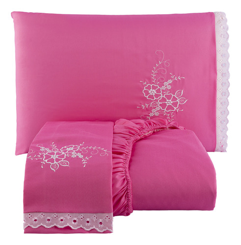 Lençol Casal Padrão Bordado Pink 3 Peças Casa Laura Jogo De Cama Premium Com Elástico Linha De Ótima Qualidade