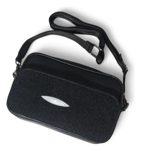 Bandolera, Crossbody, Neceser De Mantarraya Negro Lisa Níquel Negro