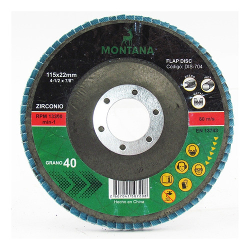 Disco Flap Zirconio Montana 4' 115mm - Grano 80 - 5 Unidades