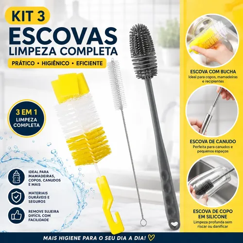 Kit 3 Escova Mamadeira Bucha Limpeza Lava Garrafa Esponja