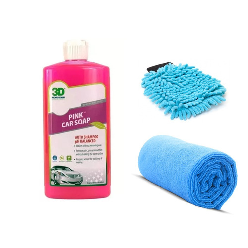 3d Pink Car Soap Shampoo + Manopla + Microfibra Secado