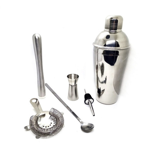 Imagen 2 de 4 de Set Barman Acero Coctelera Jigger Pisón Oruga Pico Cuchara