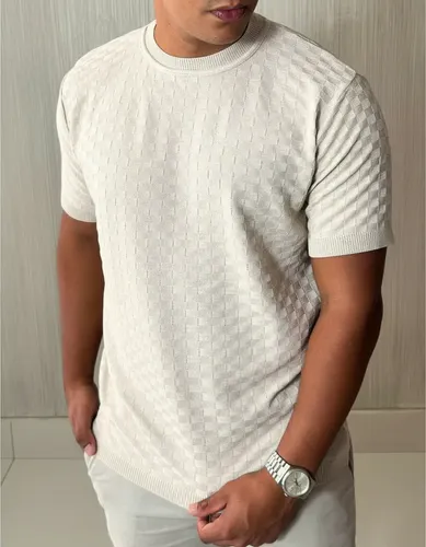 Camiseta Masculina Manga Curta Xadrez Tricô Leve Elegante