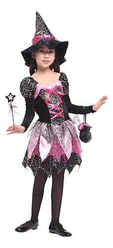 Girls Glitter Witch Costume Set Halloween Cosplay Dress With