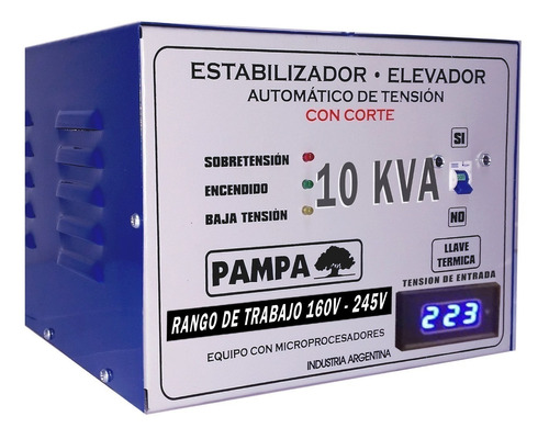 Imagen 1 de 1 de Estabilizador elevador de tensión Pampa Herramientas 10KVA 10000VA entrada y salida de 220V azul/blanco