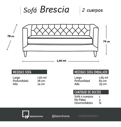 Sofa Brescia 2 Cuerpos Tela Velvet Vivian - Latam Home
