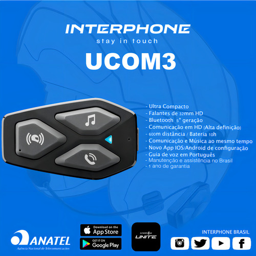 Intercomunicador Capacete Ucom3 Interphone Brasil Preto