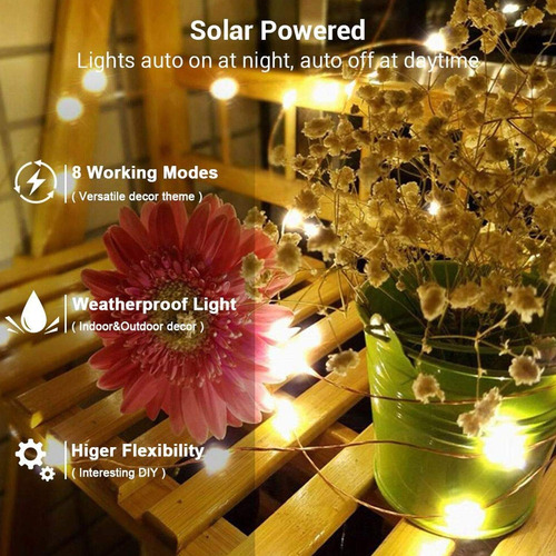 Cadena Luces Solares, 22 Metros 200 Led 8 Modos De Solar