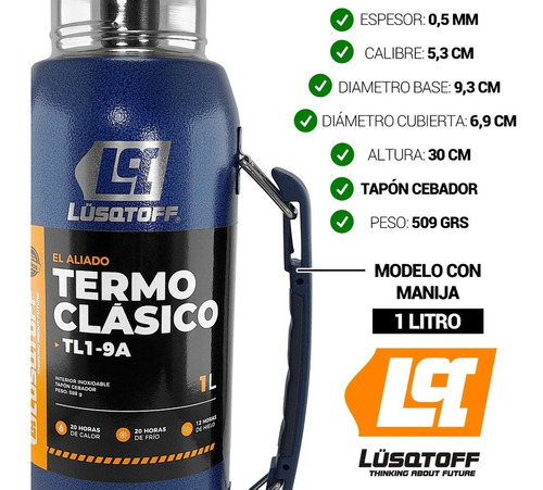 Imagen 5 de 10 de Termo Acero Inox 1 Litro Lusqtoff Azul Frio Calor Manija