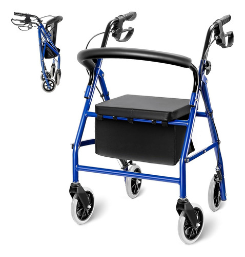 Andadera Para Adultos Mayores 2 En 1 Con Asiento Y Respaldo Reforzado, Bolsa De Almacenamiento Removible, Agarradera Con Altura Ajustable, Ligera Y Duradera Con Estructura De Aleación, Azul