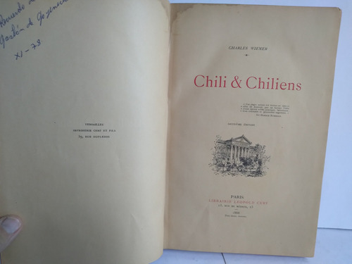 Chili & Chiliens.   Charles Weiner. París 1888 Con Grabados
