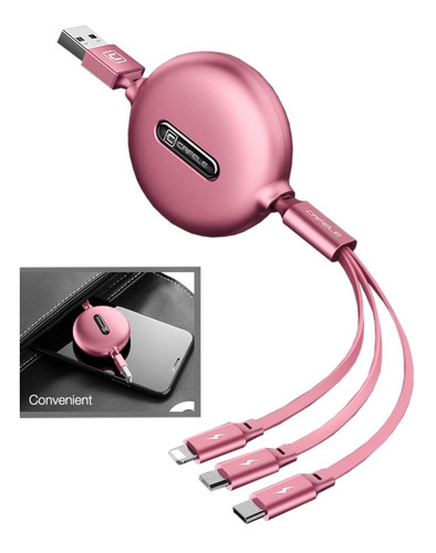 Cable Retráctil De Carga Triple Celular Tablet Color Rosa