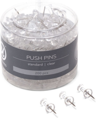 U Brands Push Pins, Clear Plastic Head, Steel Point, 200-cou