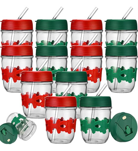 12 Vasos Vidrio Para Regalos Navidad Con Tapas Y Pajitas Vas