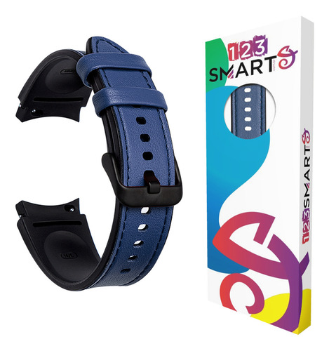 Pulseira Ridge De Silicone Com Couro Marca 123smart Compatível Com Galaxy Watch 4 5 6 40mm 44mm 45mm 46mm 43mm 47mm - Cor Preto Com Azul