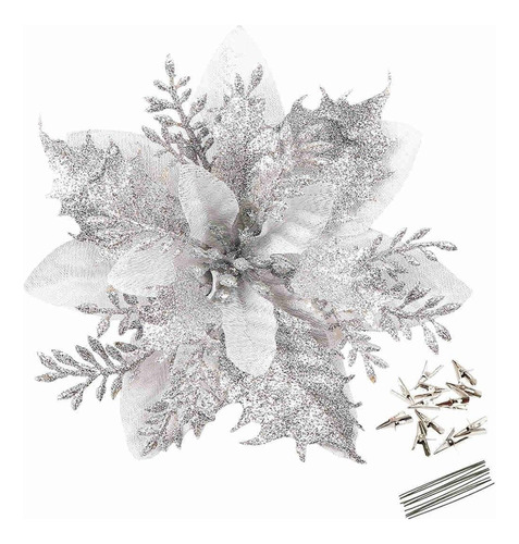 12 Pcs Artificial Christmas Flowers Silver Poinsettia