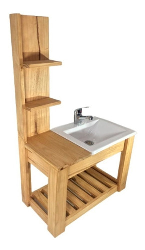 Mueble para baño DF Hogar Colgante con estantes + bacha de 60cm de ancho, 40cm de alto y 33cm de profundidad, con bacha color blanco y mueble nogal claro con tres agujeros para grifería