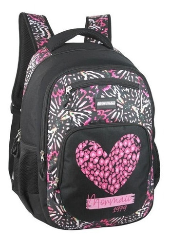 Mochila Bolsa Feminina Escolar Laptop Notebook Rosa Mormaii Cor Preto Desenho do tecido Coração