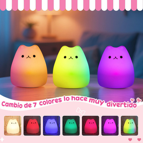 Luz Nocturna Gato Silicona 7 Colours Para Bebé Niño Regalos