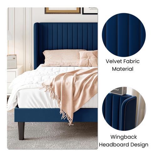 Base De Cama Matrimonial De Terciopelo Azul Con Cabecera Cap