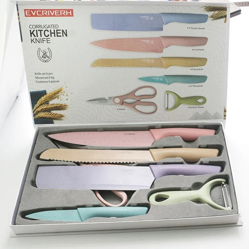 Set 4 Cuchillos Cocina +tijera Cocina+pelador Colores Pastel