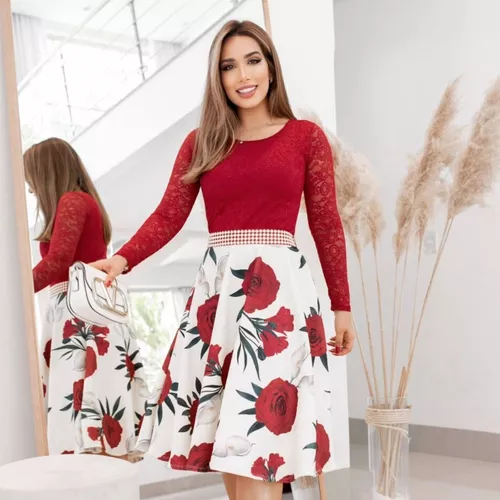 Vestido Midi de Festa Branco Com Floral Vermelho