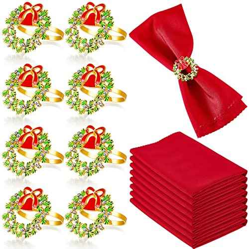 16 Pcs Servilletas Navideñas Y Juego De Anillos, 8 Pcs...