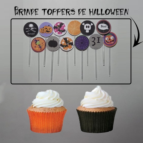 Kit Forminhas Papel Cupcakes Halloween Preta/laranja+brinde