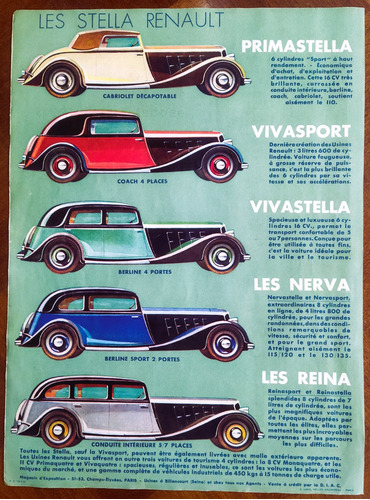 1933 Publicidad Automoviles Stella Renault Vintage Francia