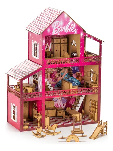 Casa Casinha Para Bonecas Barbie Polly Madeira Mdf Rosa e Branco