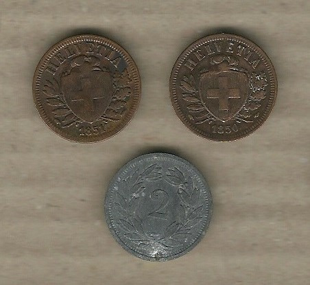3 Monedas De Suiza: 2 Rappen 1850-1 Y 1944 Vf C904
