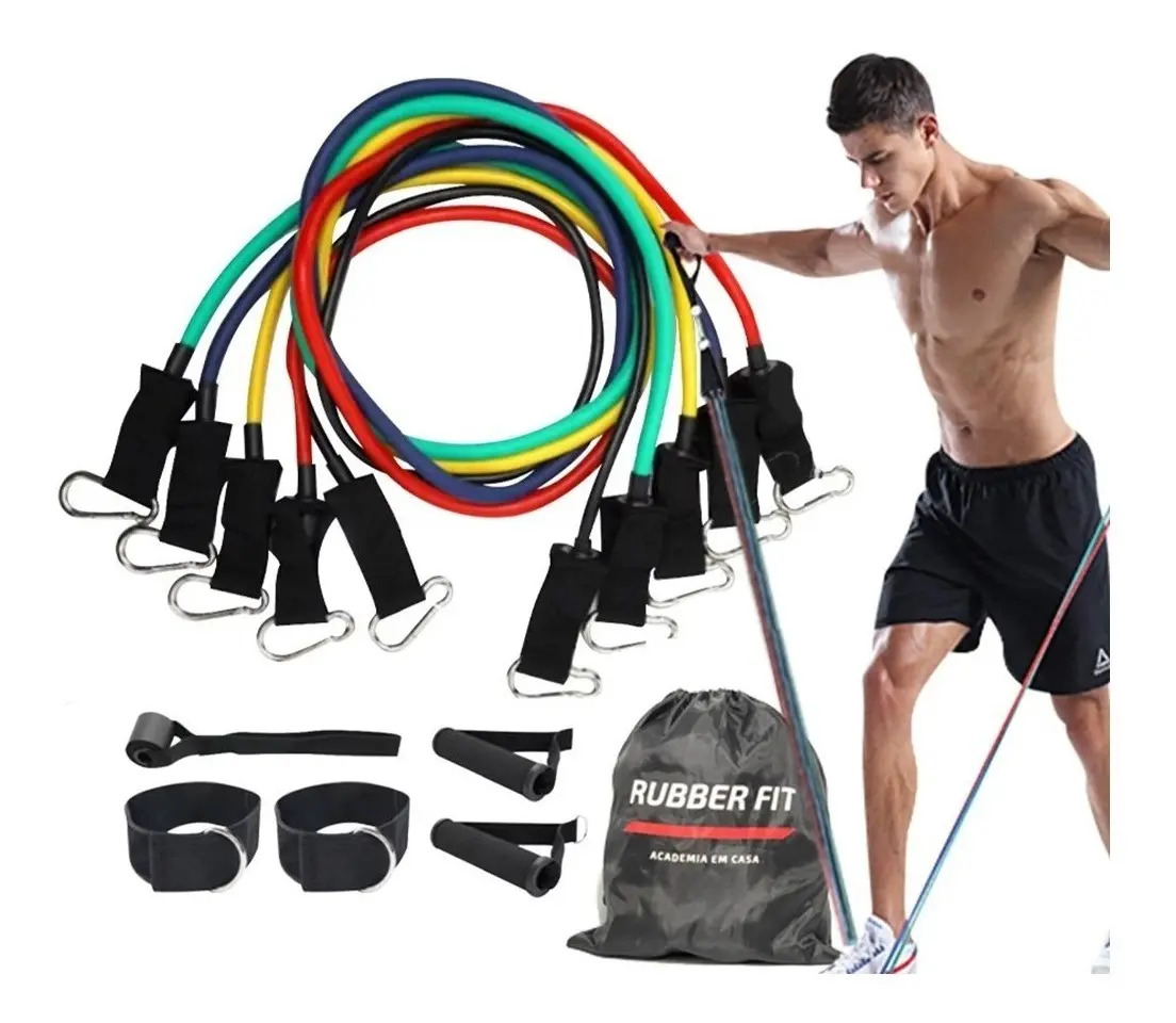 Kit De Elásticos Para Treino Exercícios Malhar Academia Tubing 11 Peças Rubber Fit