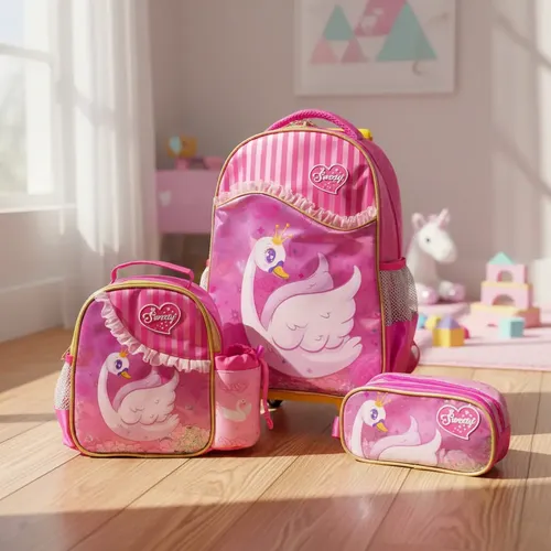 Kit Mochila  Infantil Com Rodinhas + Lancheira E Estojo Rosa 3 Kit Escolar Cisne Infantil Mochila Lancheira Estojo Com Rodinhas