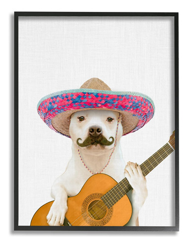 Stupell Industries Perro Pit Bull Blanco Tocando Guitarra Bi