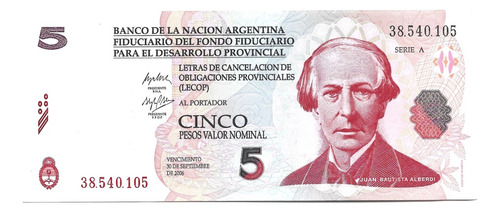 Liquido Billete Argentina 5 Lecop Unc