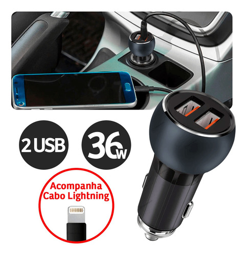 Carregador Celular Veicular Turbo 2usb 36wcompativel I Phone