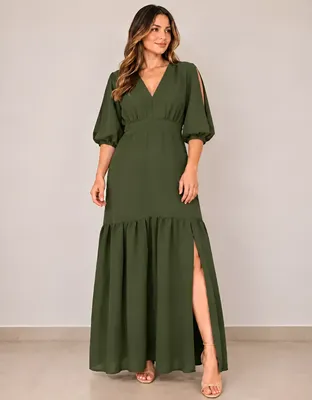 Vestido Longo Babado Fenda Manga 3/4 Evangélico Elegante Liso - Verde Militar Plus (46 Ao 50)