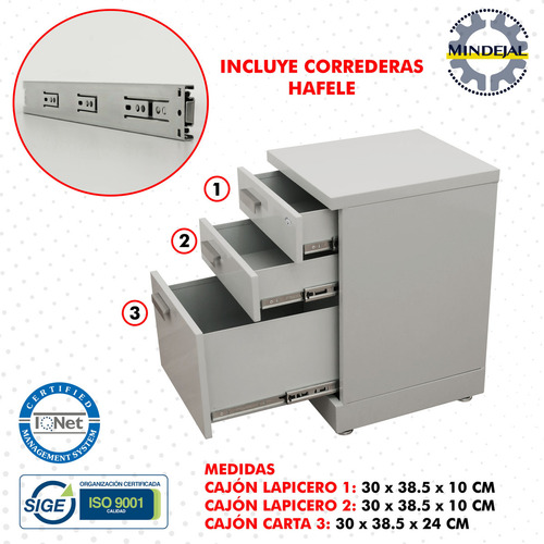 Archivero 2 Cajones Lapicero Y 1 Cajón Carta De Acero Color Gris